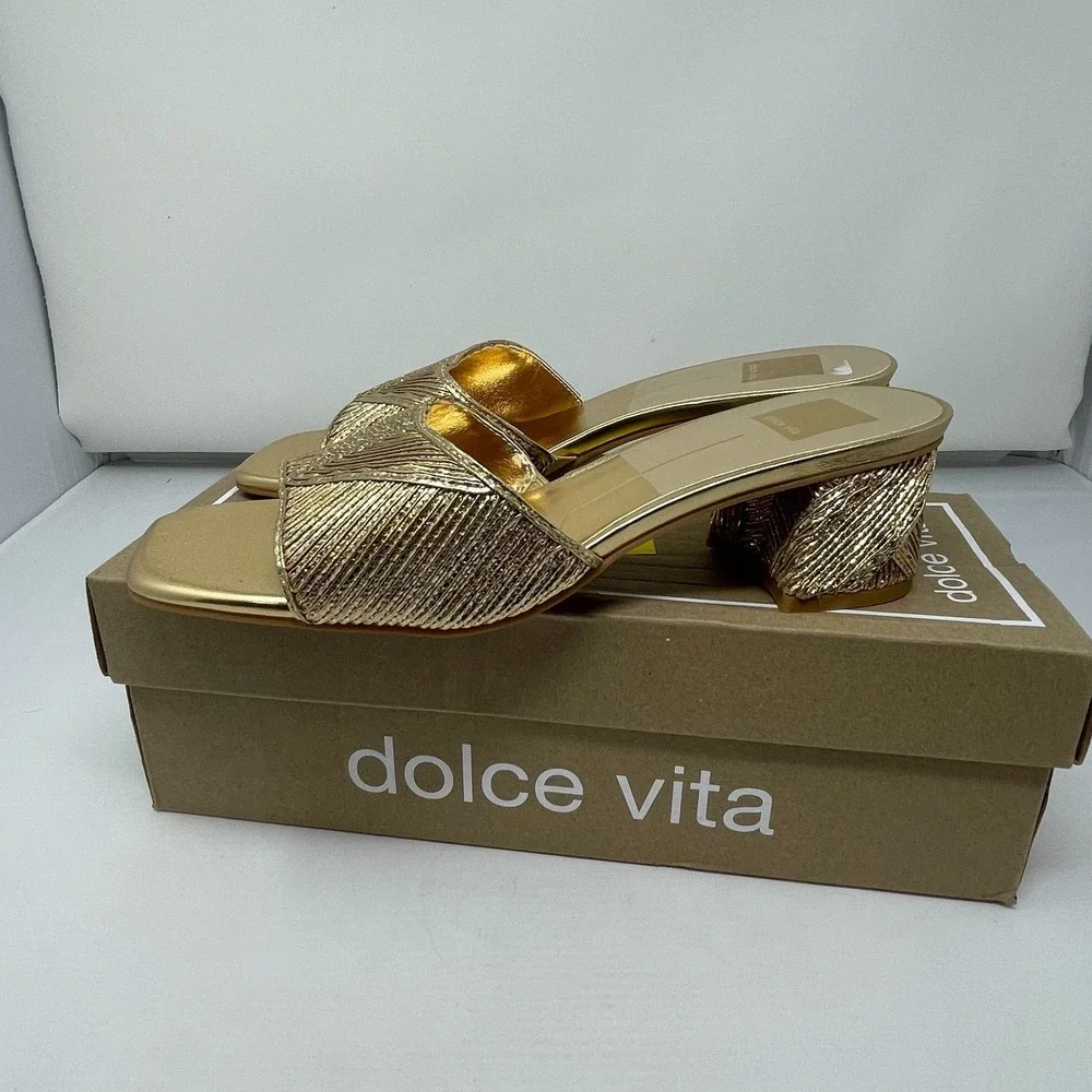 Dolce Vita Gold Woven Stella Brandy Deco Platform Heels Sandals New Size 9.5